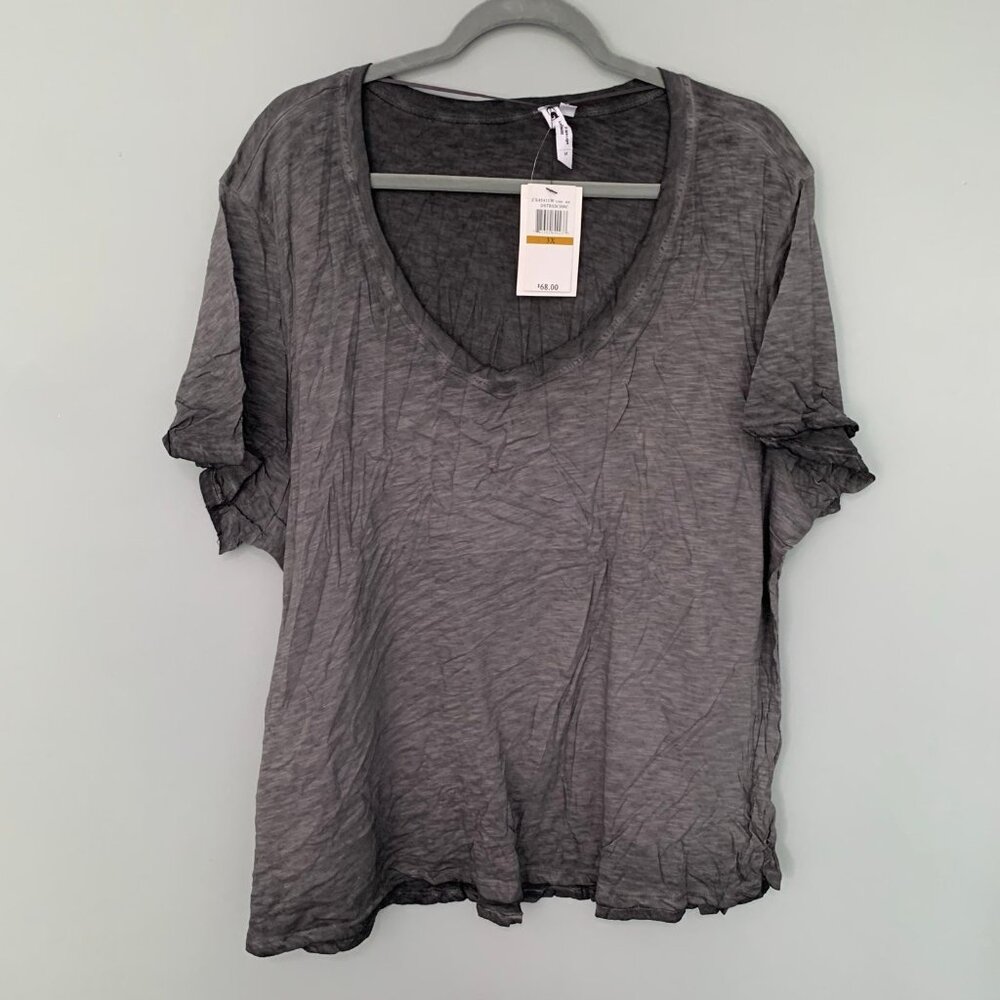 NEW Cable & Gauge Womens 3X Distressed Charcoal Grey Slub Cotton Scoop Neck Tee
